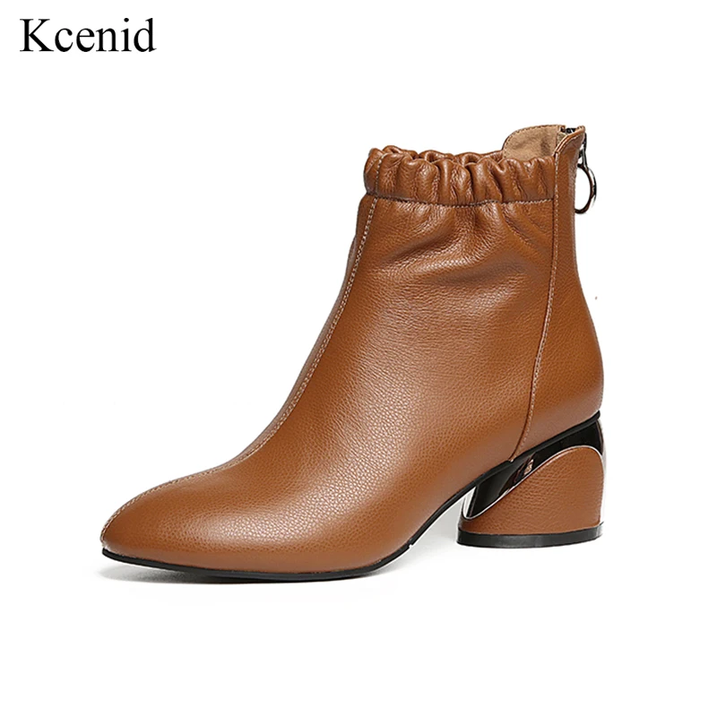 

Kcenid Hot sale new arrival genuine leather shoes woman ankle boots high heels fashion zipper round toe concise casual booties