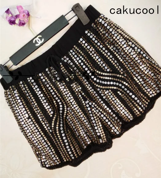 

Cakucool Women Summer Chiffon Shorts Beading Wide Leg Shorts Striped Sequined Bling Vocation Loose Shorts Capris Female