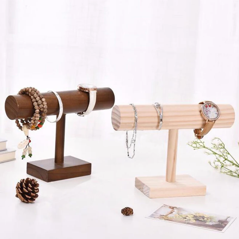 New Craft Baked Brown Wood Display T-bar Watches Holder Bracelets Stand Jewelry Display Jewellery Organizer Bangle Shelf Latest natural wooden board for bracelet display beading tray wrist watch bangle holder plate round square wood jewelry display case