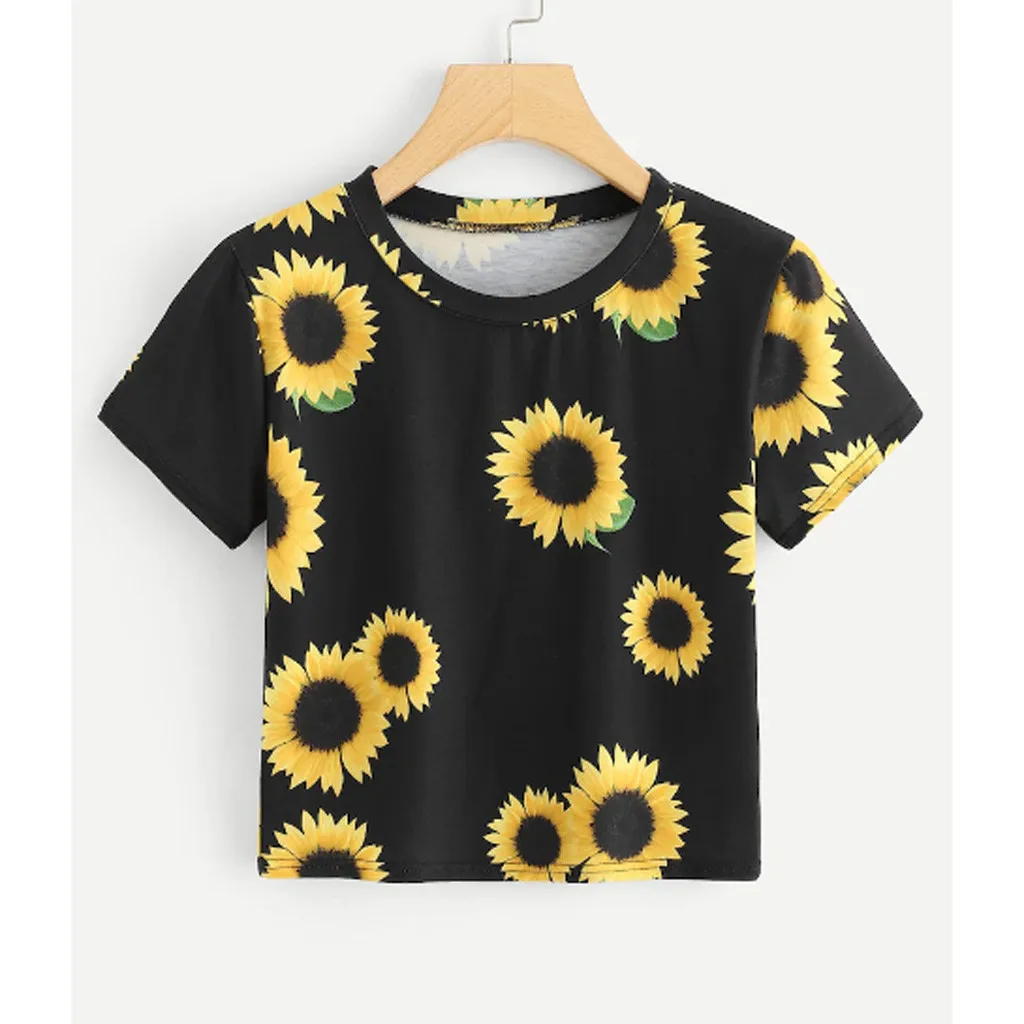

2019 Summer Women's T-Shirt Sunflower Print O-Neck Casual Tee Shirt Short Sleeve Female Crop Tee Tops Women Clothing