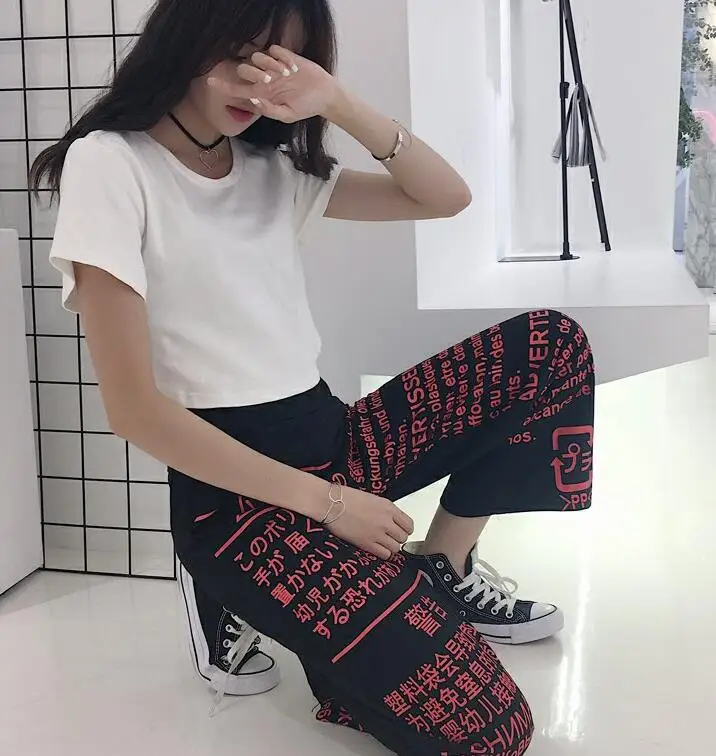 Корейские прямые свободные хлопковые спортивные штаны в стиле хип-хоп с принтом в китайском, английском, русском и японском стиле; уличная одежда в стиле Харадзюку, панк-шаровары