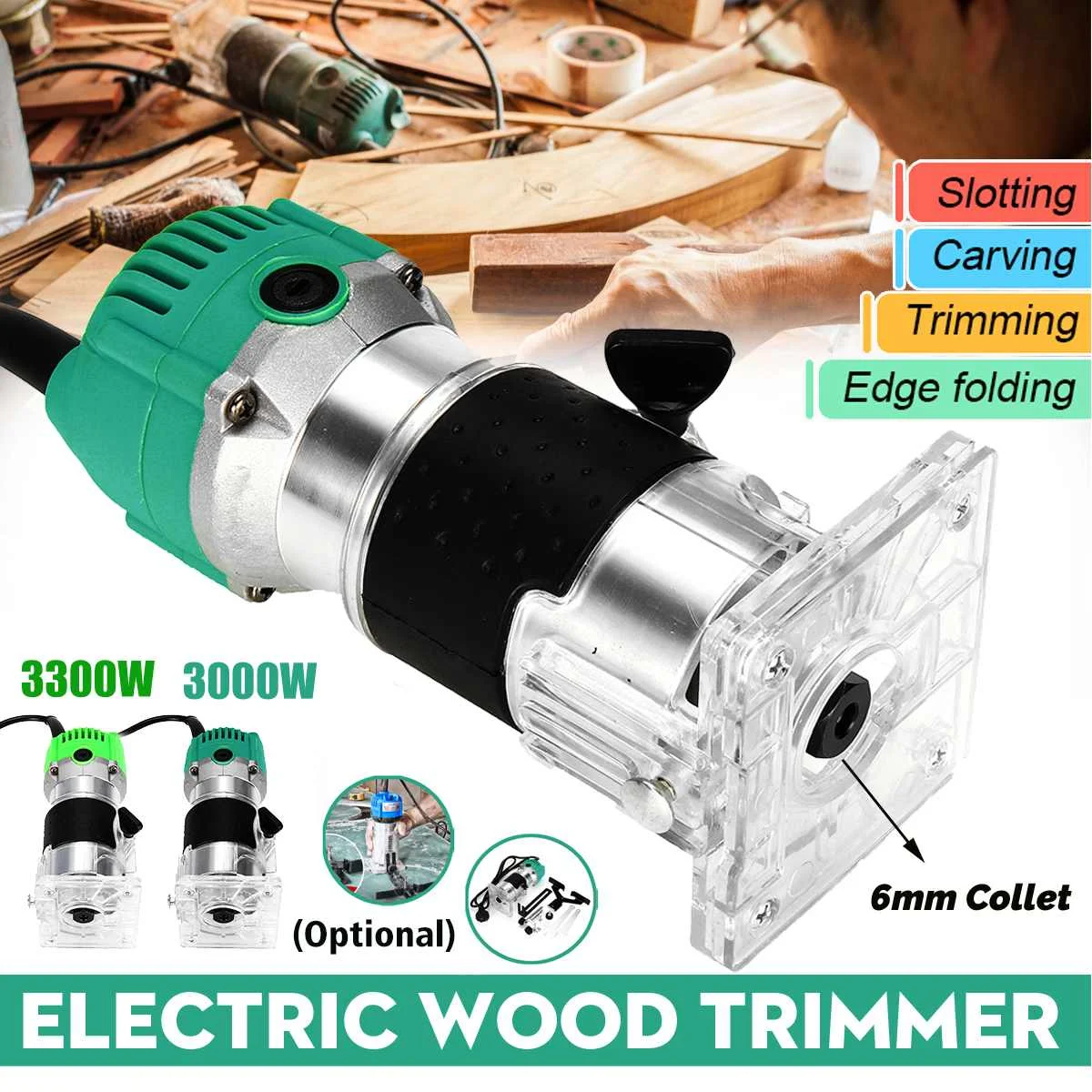 3000W/3300W Wood Electric Hand Trimmer 30000rpm Woodworking Milling Engraving Slotting Trimming Hand Carving Machine Wood Router