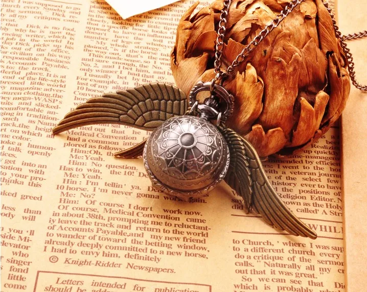 Гарри Поттер, черные бронзовые крылья, модные кварцевые подарки, мини крылья, ожерелье, карманные часы,, 100 шт