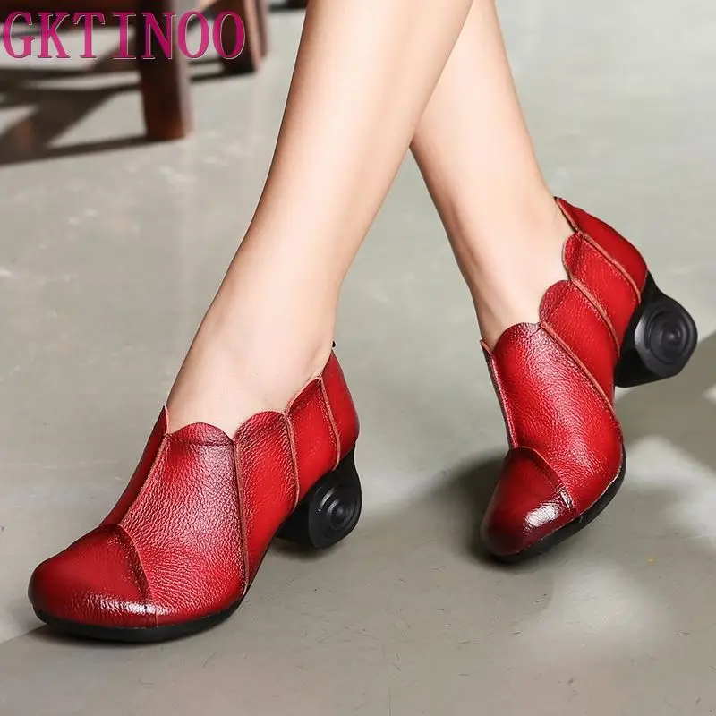 GKTINOO النساء مضخات جلد طبيعي أحذية عالية الكعب جلد طبيعي الكعب سميك حذاء مصنوع يدويا خمر نمط