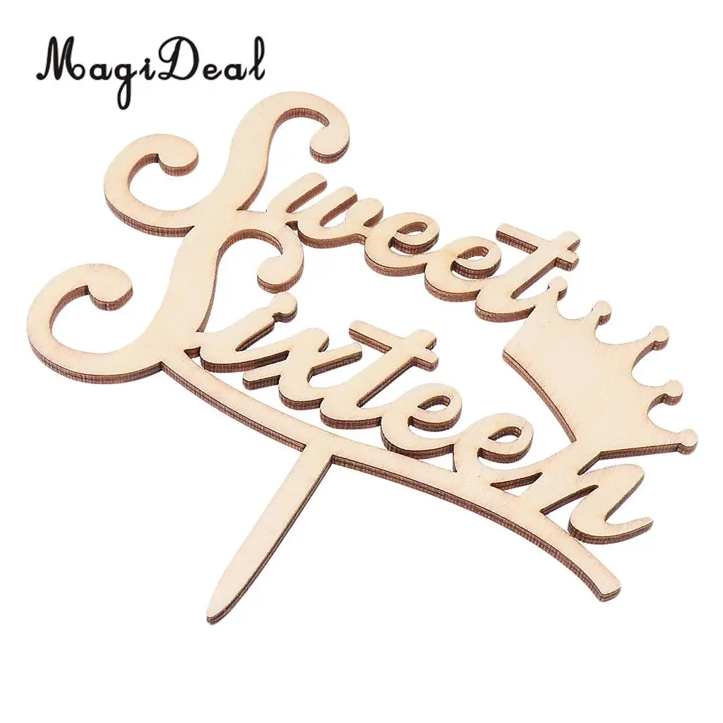 MagiDeal Delicate Design 1Pc Rustic Wooden Sweet Sixteen Cake Topper 16th Birthday Party Cake Decoration 15.5 x 13 x 0.4cm Brown