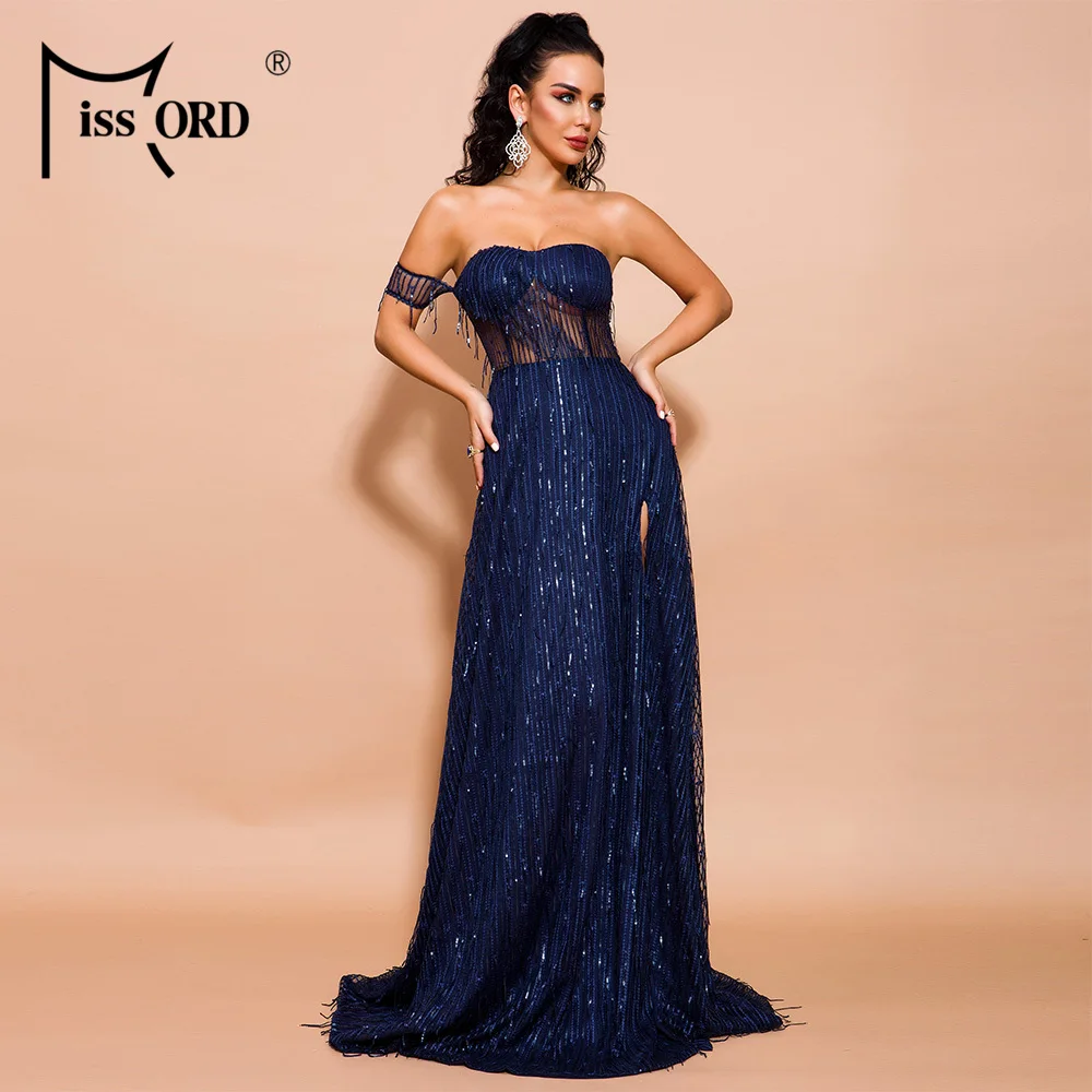 

Missord 2019 Women Sexy Off Shoulder Sequin Dresses Female Elegant High Split Backless Maxi Dress FT19617