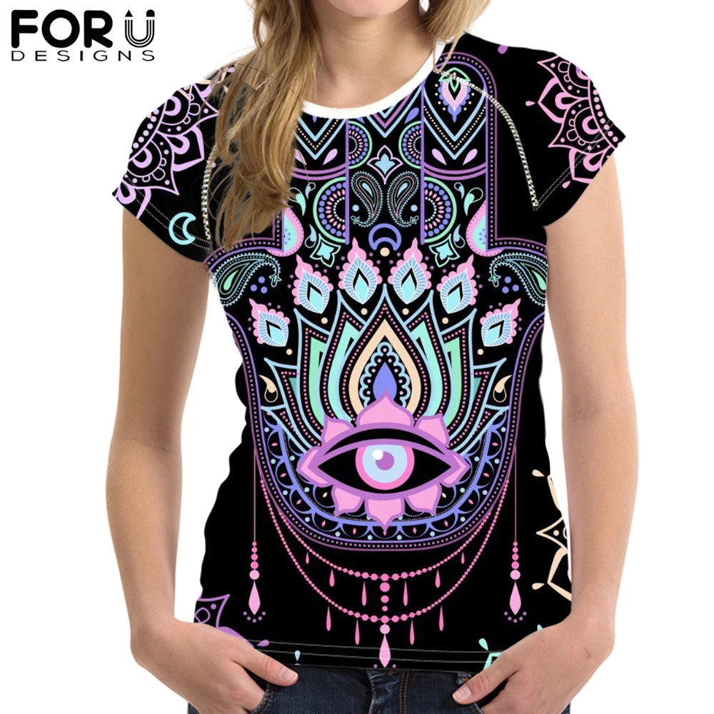 

FORUDESIGNS Hamsa Hand Print T Shirt for Women Girls Hhamsa Evil Eye Summer Short Sleeve Female Cool t-shirt Casual Femme Tops