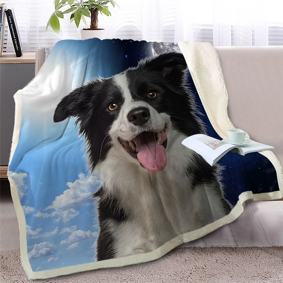 

BlessLiving Pet Dog Sherpa Blanket on Bed 3D Border Collie Throw Blanket Animal Bedspread Day and Night Sky Scenery Sofa Cover
