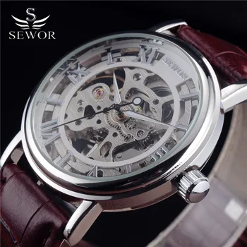 

Top Luxury Brand SEWOR Skeleton Watches Men Steampunk Casual Mechanical Hand Wind Leather Strap Male Gift Military Wristwatch