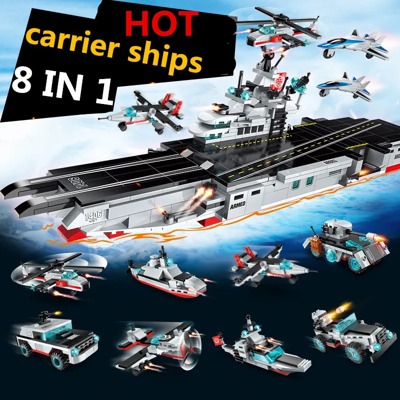 

643Pcs NAVY Military Destroyer Aircraft Carrier Weapon Warship Shipboard Aircraft Building Blocks LegoINGLs Toys for Children