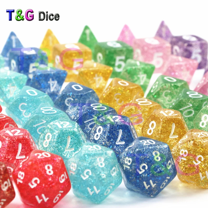 

Wholesales 7pc/lot Assorted Colorful Glitter Polyhedral Dice 7pcs Set, RPG D4 D6 D8 D10 D12 D20 D% for DND Game