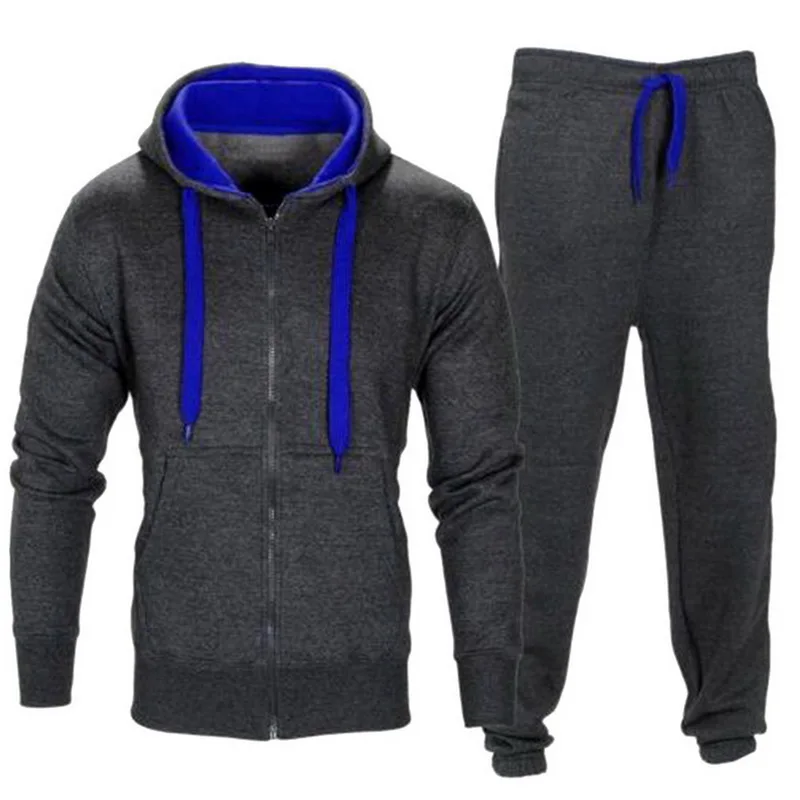 Adisputent Patchwork Autumn Winter Men Suits Men's Sportswear Tracksuit with Zipper Hoodie Two Pieces Set Drawstring chandal - Цвет: Dark Gray and Blue