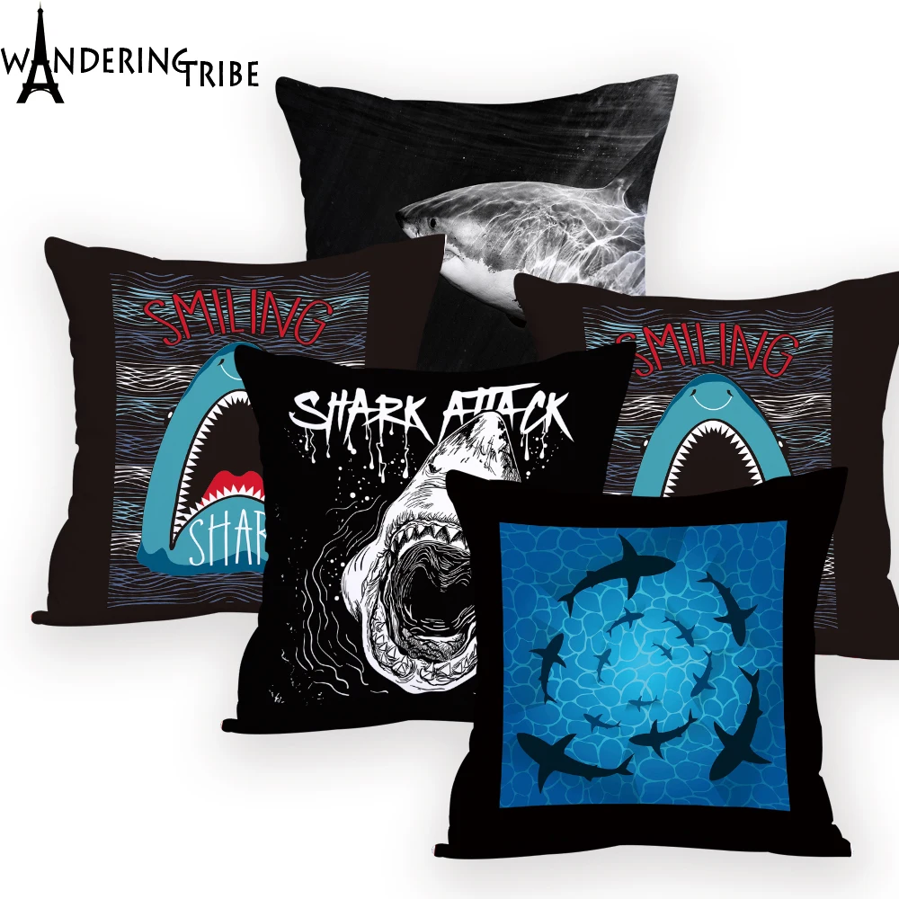 

Marine Cushion Covers Blue Black Decoration Custom Printed Throw Pillows Shark Pillow Case Decorative Living Room Decor