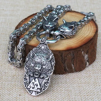 

viking Men stainless steel necklace viking wolf head with norse Fenrir wolf mjolnir pendant norse talisman ethnic jewelry