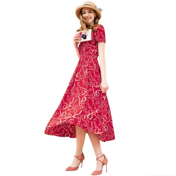 

Summer Chiffon Short Sleeve Dress Bohemian Fashion Designer Printed Dress Women Mid-Calf Maxi Dress DZ2131