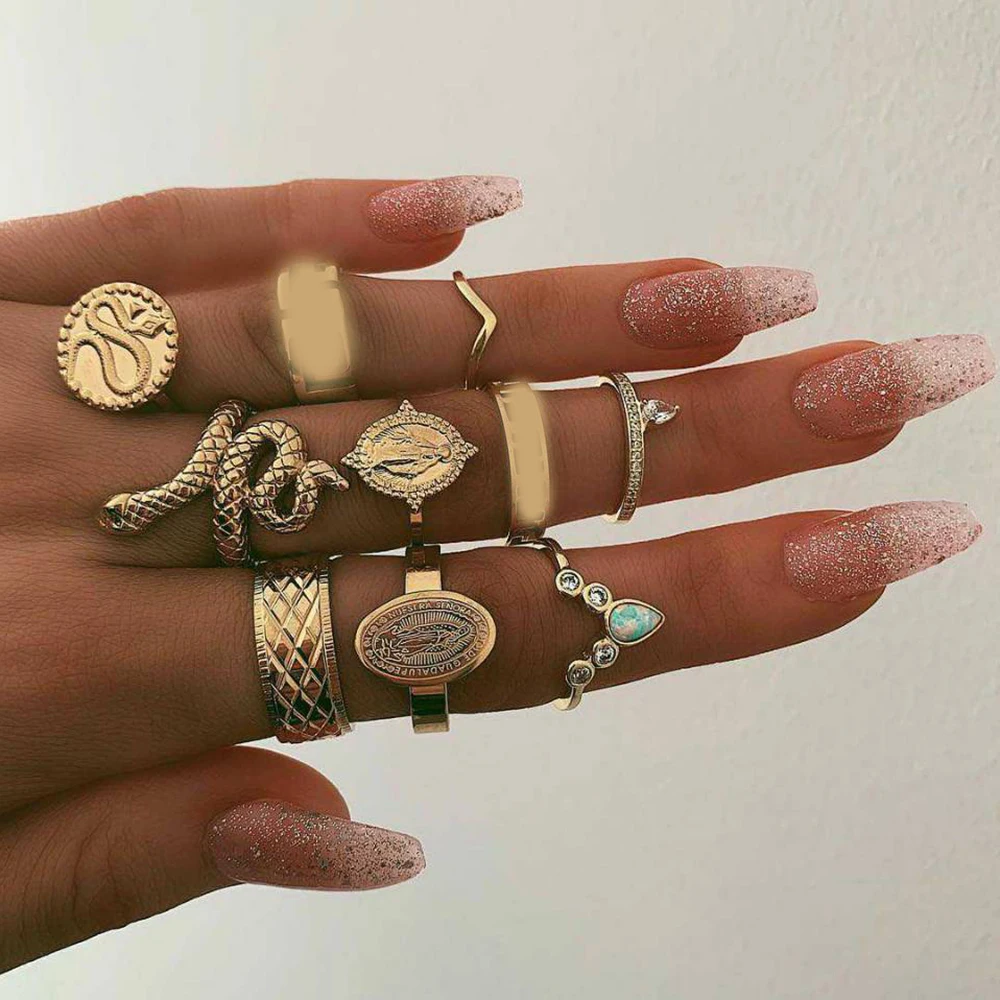

10 Pcs/set Vintage Jesus Snake Shape Animals Rings Set Gold Crystal Joint Midi Kunckle Ring Wedding Party Jewelry Accessories