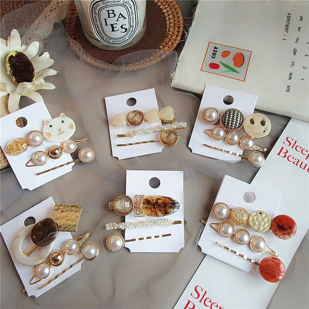 

3pcs Vintage Acetic Acid Acrylic Resin Cat Heart Smile Hairpins For Women Imitation Pearl Geometric Fashion Hair Clips Barrettes