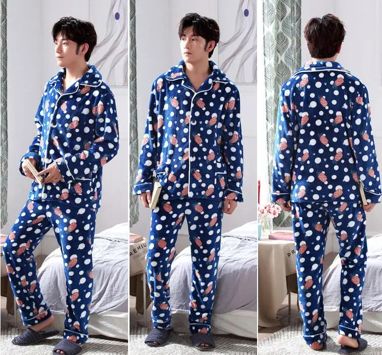 Fashion Brand Luxury Winter Pajamas Men Sleepwear Thick Warm Coral Fleece Mens Pajama Set Male Nightwear Leisure Home Clothing