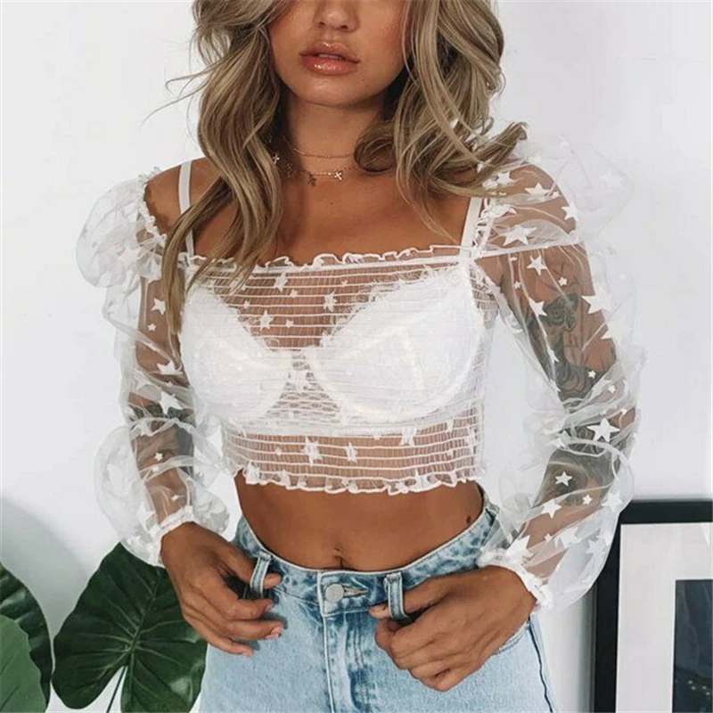 

Women Sexy Sheer Mesh Blouses Crop Top Summer Puff Sleeve Ruffle Blouse Shirt Women See-through Crop Top Club Party Blouse Blusa