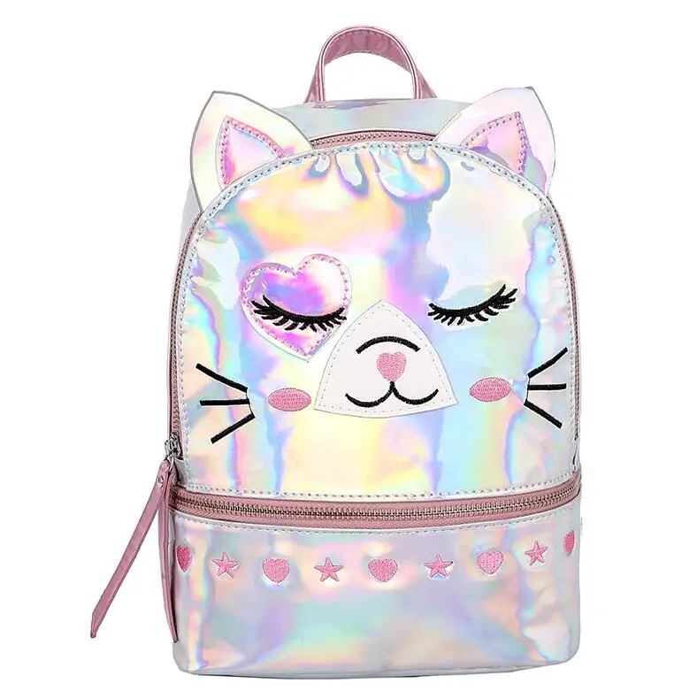 Yogodlns Милая кошка Mochila Mujer лазерный голографический рюкзак женский маленький мини рюкзак для девочек Школьный Рюкзак PU дорожные сумки - Цвет: Silver
