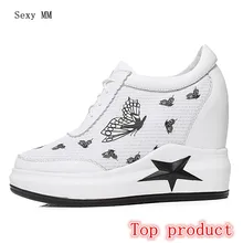 Туфли на танкетке из натуральной кожи; женские лоферы на плоской подошве со шнуровкой; Повседневная прогулочная обувь на плоской подошве, увеличивающая рост; высокое качество