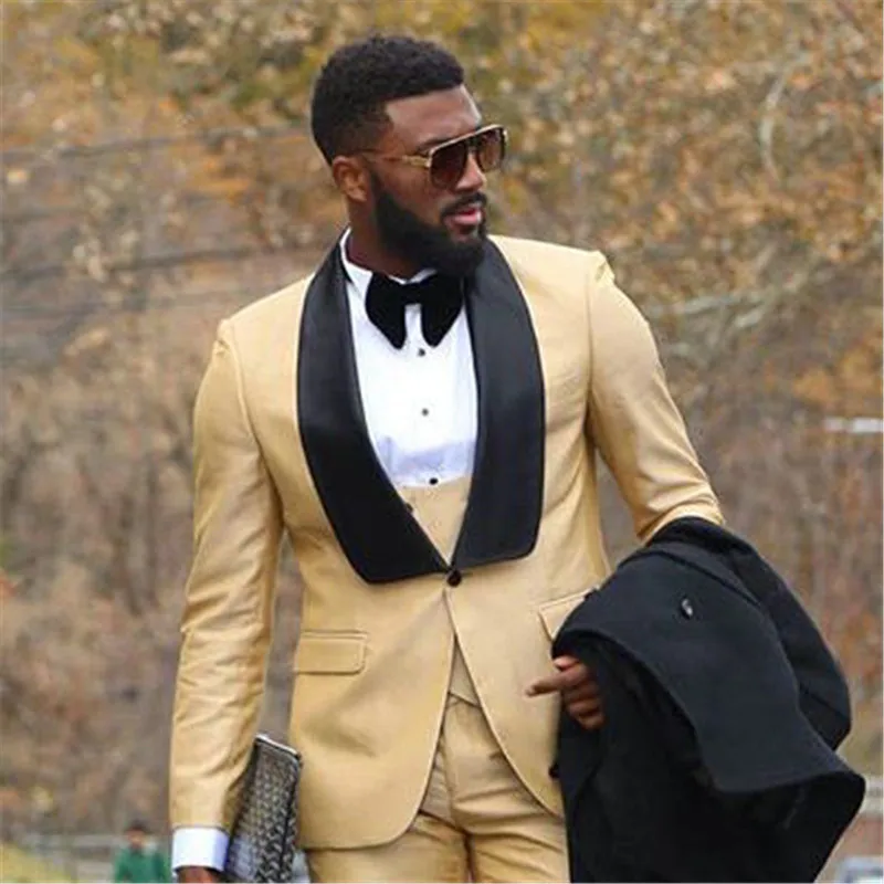 Пользовательские мужской костюм для свадьбы золотой с черным отворотом Slim Fit смокинг человек костюм смокинг из трех частей (куртка + брюки +