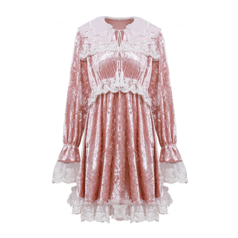 

PERHAPS U white pink velvet lace long sleeve fit and flare v neck lace up short mini dress sweet lolita autumn winter D0842