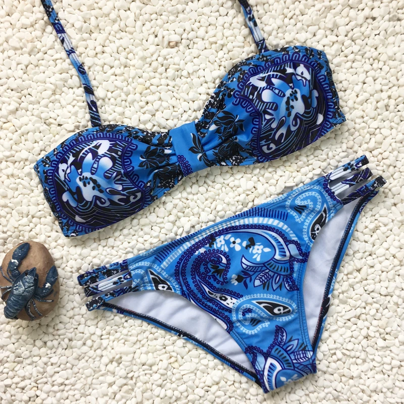 Sexy strappy Blue micro bikini white flower print swimwear spaghetti