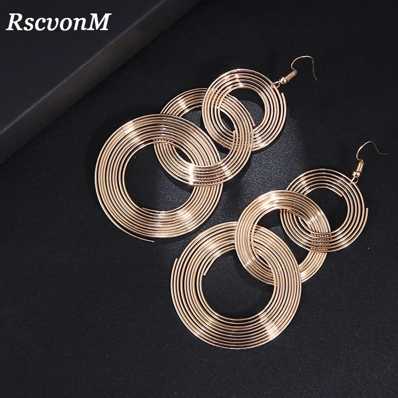 

RscvonM Punk Gold Colour Big Geometric 3 Circle Metal Long Dangle Earrings For Women Bohemian Party Exaggerated Fashion Jewelry