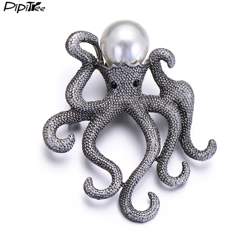 

Pipitree Vintage Octopus Brooch Antique Silver Color Simulated Pearl Brooches for Women Scarf Collar Pins Jewelry Christmas Gift