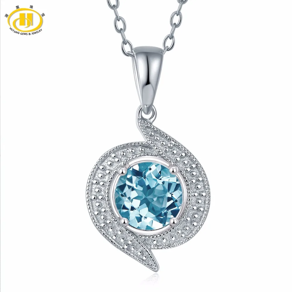 

Hutang New Design Real Blue Topaz Stud Pendant Necklace Solid 925 Sterling Silver Gemstone Fine Jewelry Women's Accessories Gift