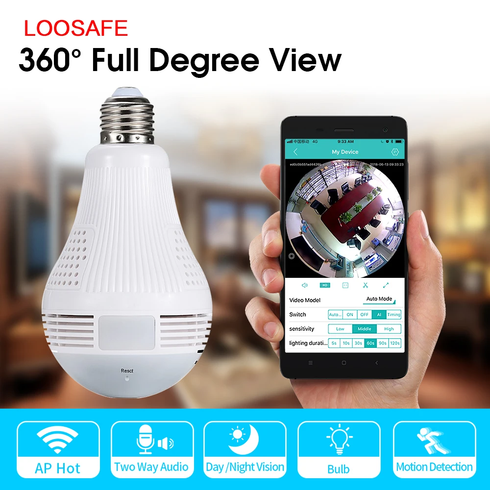LOOSAFE Wireless Light Bulb Cam 360 Degree Panoramic CCTV Security