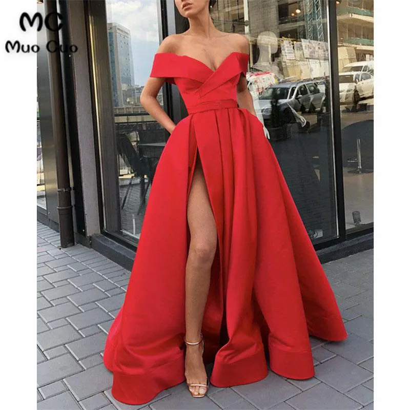 Long Satin Split Evening Dresses Off The Shoulder Prom Gowns