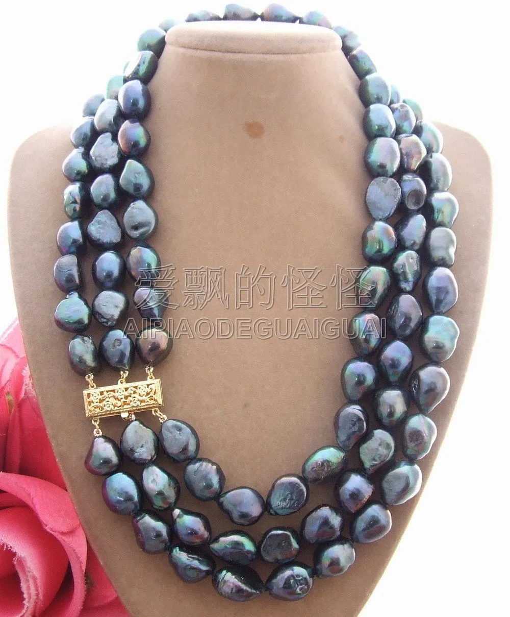

N051105 3 strands natural 12-15mm Black baroque Necklace