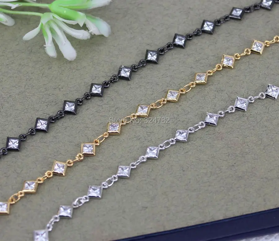 

3 Meters Cubic Zirconia Brass Chain,6mm Rhombus Shape Beaded Chain,Wire Wrapped CZ Chain,For Jewelry Making