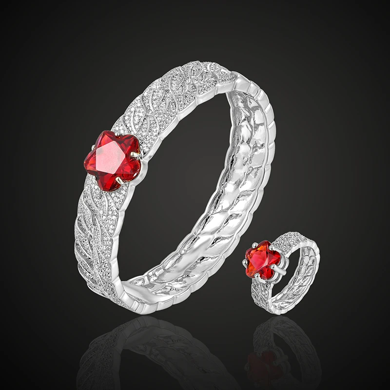 

Lanyika Jewelry Set Luxury Colorful Flower Full Zircon Micro Rhodium Plated Bangle with Ring for Daily Wedding Trendy Best Gifts