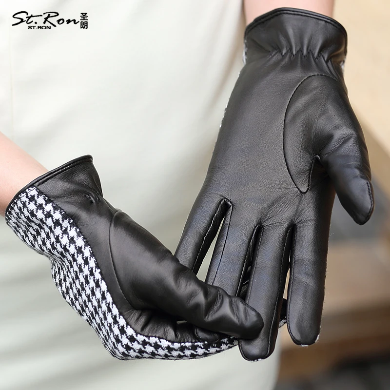 Houndstooth genuine leather gloves female sheepskin gloves sheepskin woolen gloves st6081