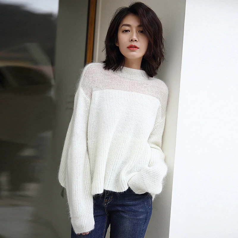 

Sweater Women Mohair Wool Blending Knitted Drop-shoulder Lantern Sleeves Solid Loose Pullovers Autumn 2018 New Fashion Style