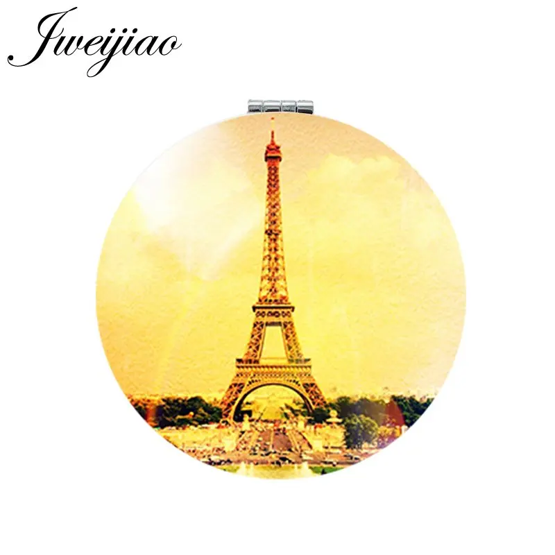 

JWEIJIAO Eiffel Tower Art Photo Round Folding Mini 1X/2X Magnifying Mirror Love Paris Portable Makeup Mirrors Compact