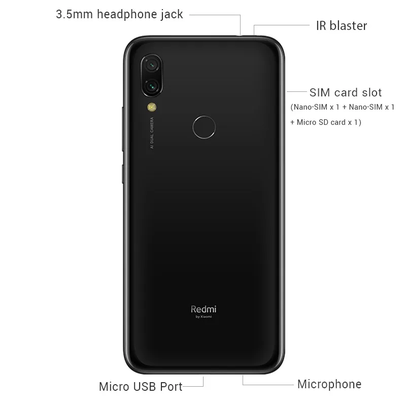 Глобальный Встроенная память Xiaomi Redmi 7, 3 Гб оперативной памяти, 32 Гб встроенной памяти, Смартфон Snapdragon 632 Octa Core 6,26 дюйма, разрешение Full Экран 12MP 4000 мА/ч, Батарея мульти-Язык