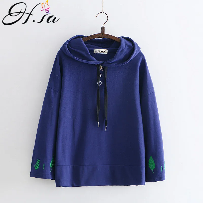 

H.SA New 2018 Women pullover Hooded Autumn Befree Flare sleeve Harajuku Embroidery Tree leaf Female Loose hooded Cute tee