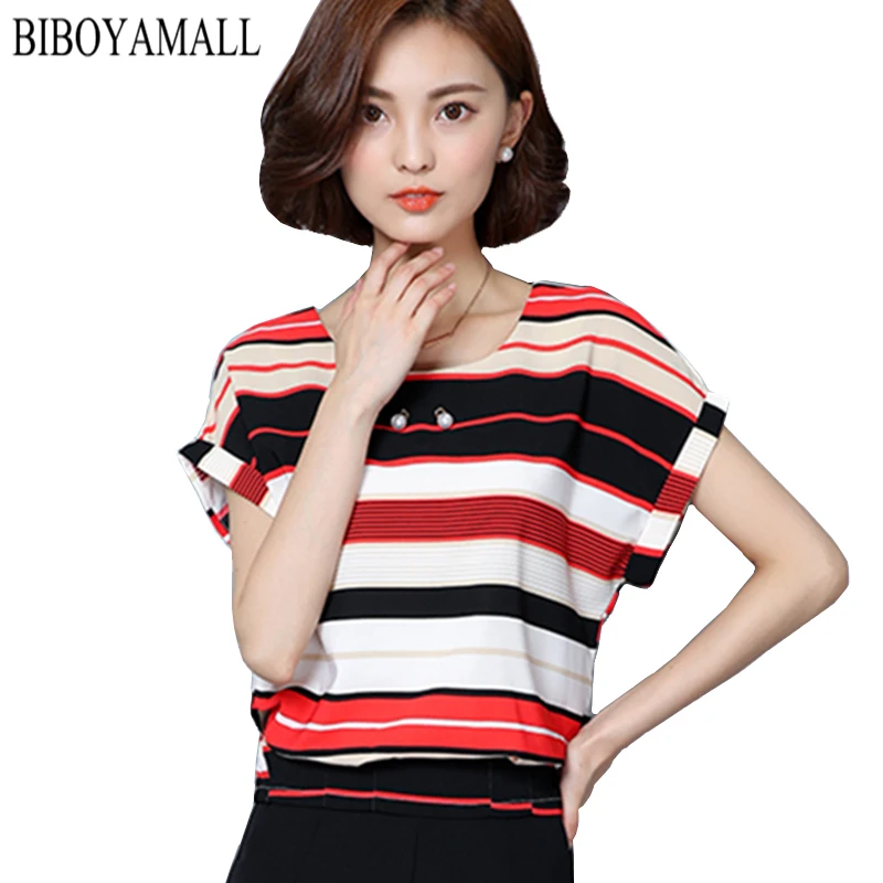 Meilleur BIBOYAMALL Femmes Blouses 2017 Casual Perles Élégant OL Blouse À Manches Courtes O cou Vêtements de Travail Blusas Tops Chemises Plus La taille 5XL