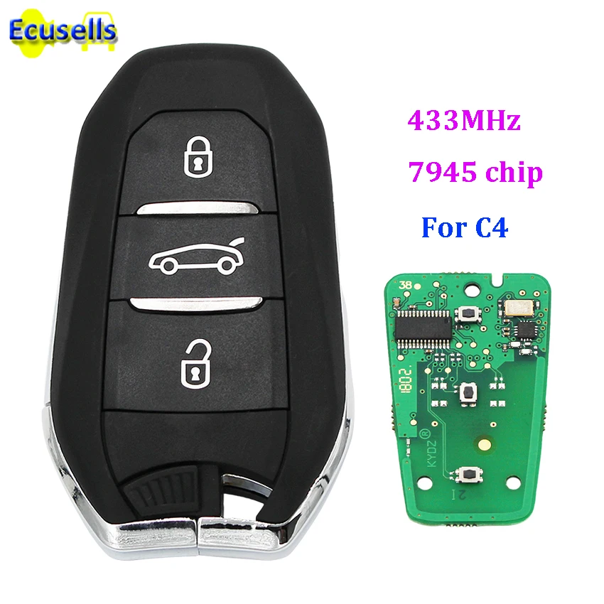 

DS style smart remote key fob keyless go 3 buttons 433MHz ID46 PCF7945 7945 chip for Citroen C4 DS5 with emergency key HU83