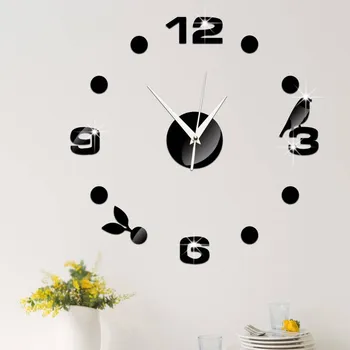 

New Modern Clock Watch Wall Clocks Horloge 3D DIY Black Bird Acrylic Mirror Stickers Home Decoration Living Room Quartz Needle