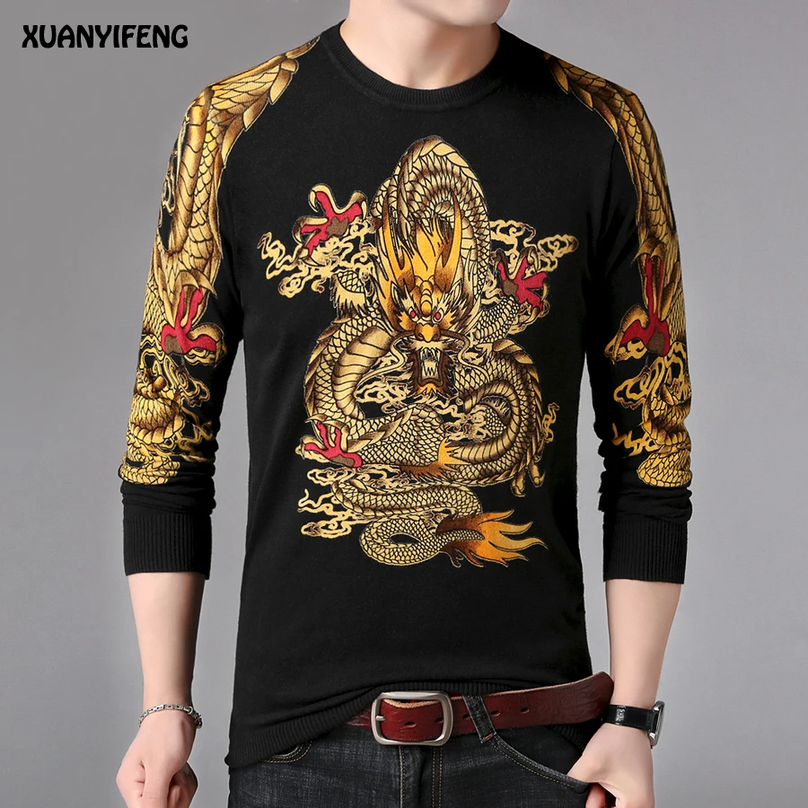 Mens Sweaters Plus Size Sweater Autumn Sweaters Casual Men Clothing Slim Fit Pullovers O Neck Dragon Knitting Wear Man