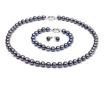 

JYX Pearl Necklace Set 9-10mm AAA Black Round Natural Freshwater Cultured Pearl Necklace 18" Jewelry Set
