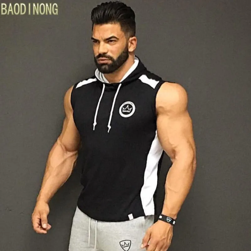 Mens cotton sleeveless Hoodie Gyms Fitness Bodybuilding Sweatshirt Male