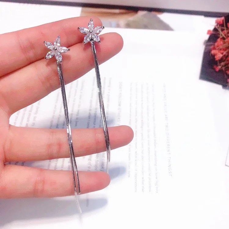 flower tassel cz earring 925 silver post Hypoallergenic fadeless fashion jewelry stud earrings for women girl Christmas gift