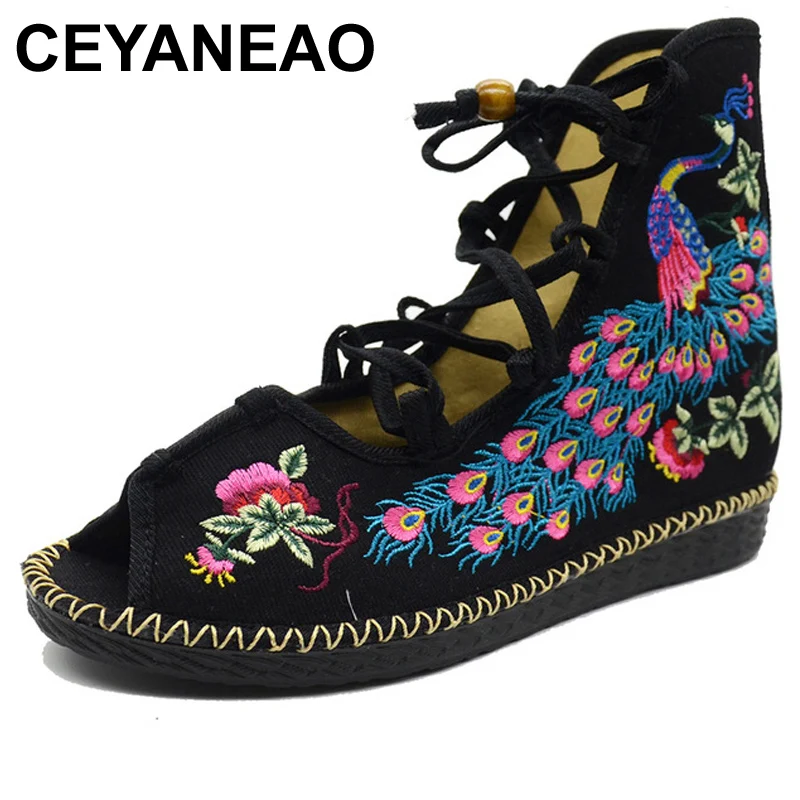 

CEYANEAOPeacock Embroidered Women Gladiator Canvas Sandals Summer Fashion Ladies Open PeepToe Lace-up Flat Shoes Sandials Mujer