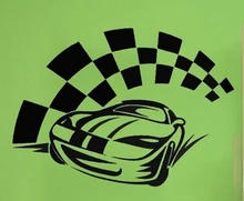Race Car Vinyl Wall Decal Racing Car Motorsports Chequered Flag Mural Art Wall Sticker Boys